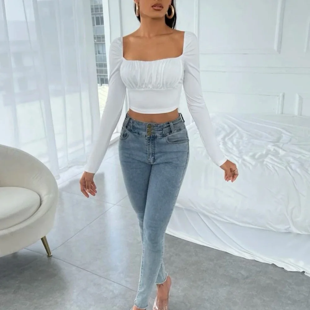 Square neck long sleeve ruched boho crop top black - Picture 6 of 8